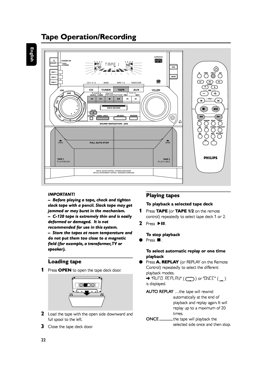 Philips FWM399 Tape Operation/Recording, Loading tape, Playing tapes, To playback a selected tape deck, To stop playback 