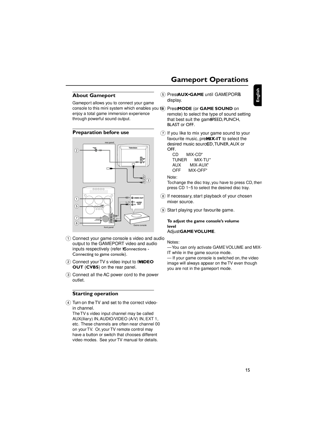 Philips FWM569/37B warranty Gameport Operations, About Gameport, Preparation before use, Starting operation 