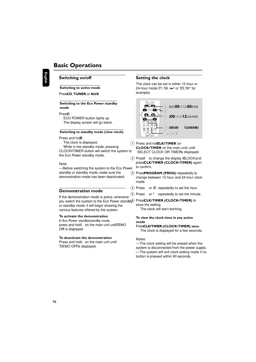 Philips FWM569/37B warranty Basic Operations, Switching on/off, Demonstration mode, Setting the clock 