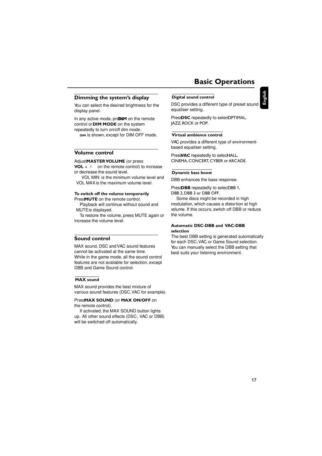 Philips FWM569/37B warranty Dimming the system’s display, Volume control, Sound control 