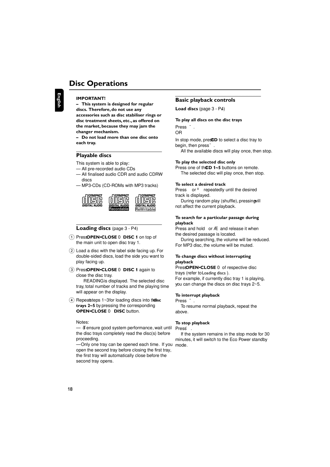 Philips FWM569/37B warranty Disc Operations, Playable discs, Loading discs page 3 P4, Basic playback controls 