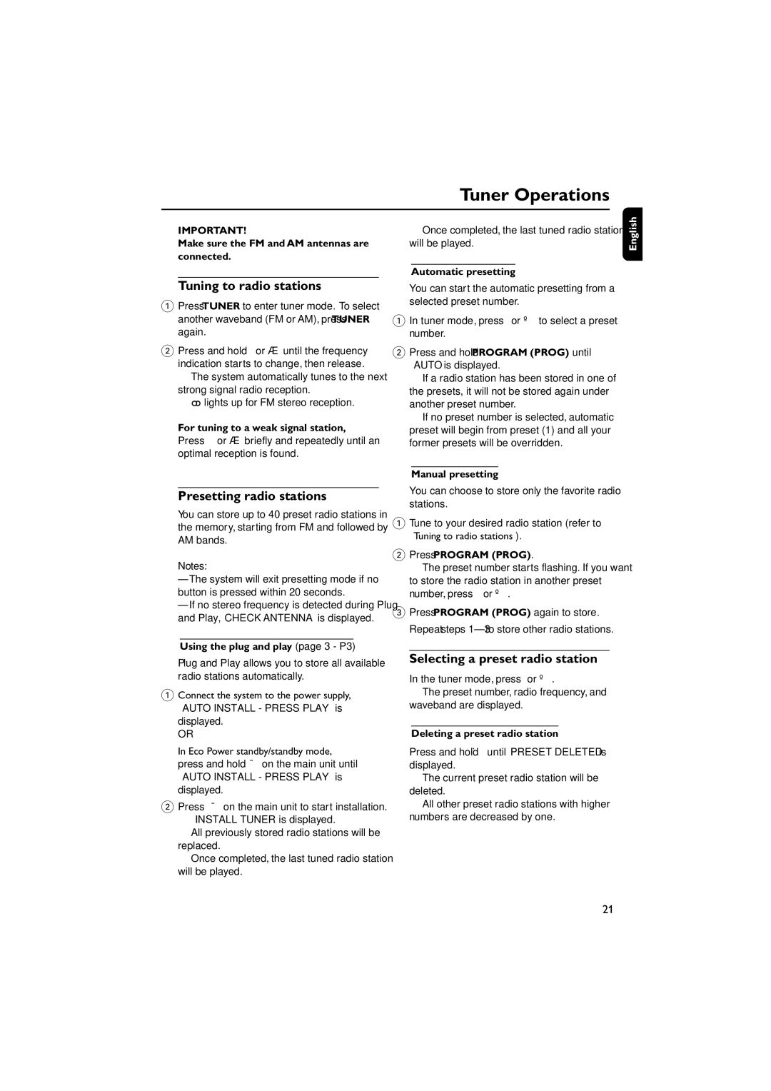 Philips FWM569/37B Tuner Operations, Tuning to radio stations, Presetting radio stations, Selecting a preset radio station 