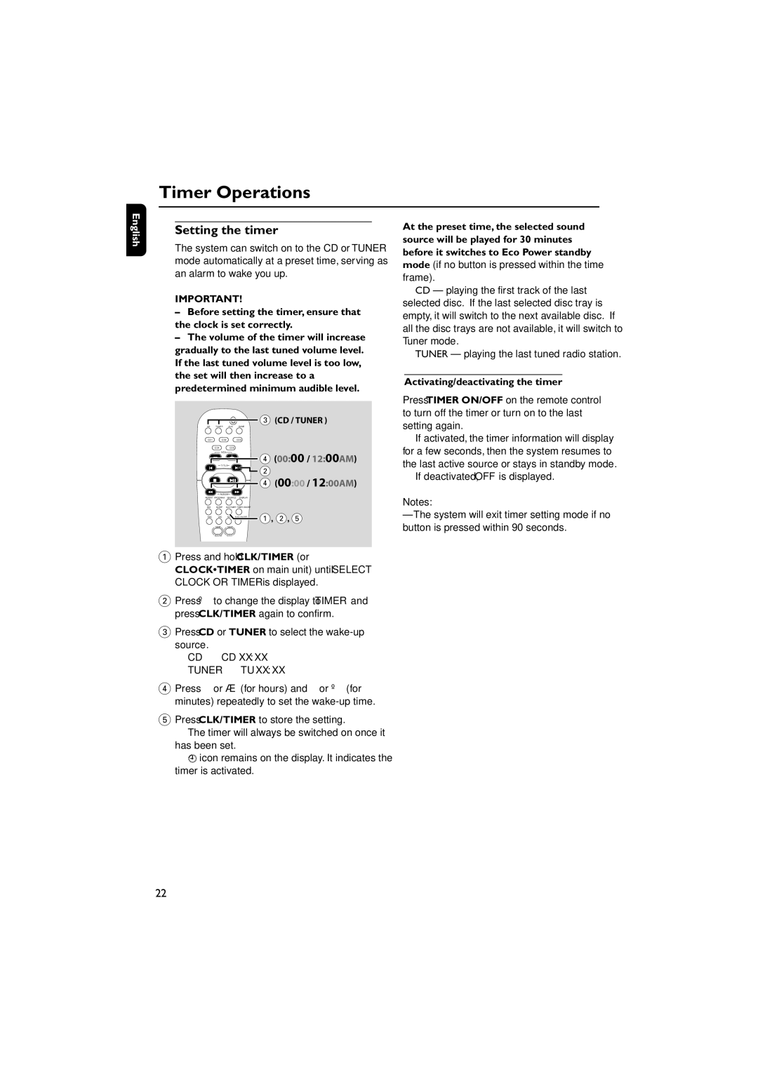 Philips FWM569/37B warranty Timer Operations, Setting the timer, Activating/deactivating the timer 