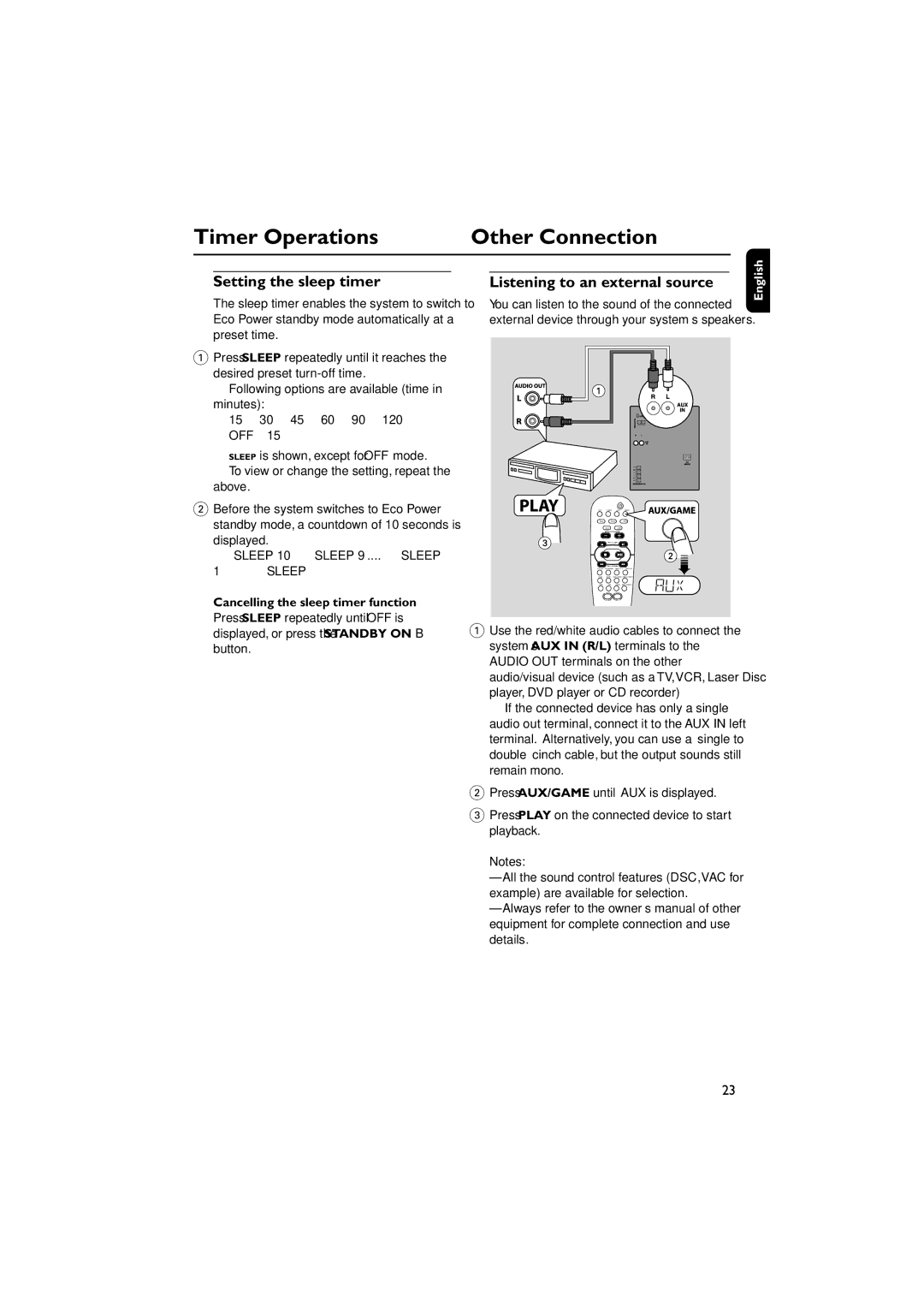 Philips FWM569/37B warranty Setting the sleep timer, Listening to an external source, Cancelling the sleep timer function 