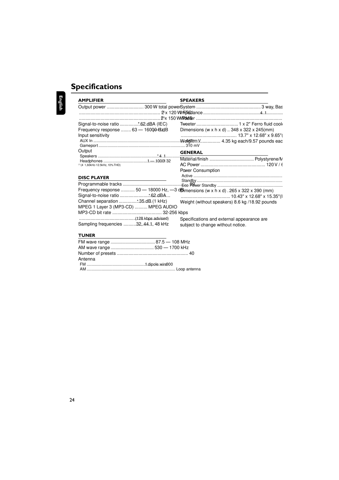 Philips FWM569/37B warranty Specifications, Amplifier 