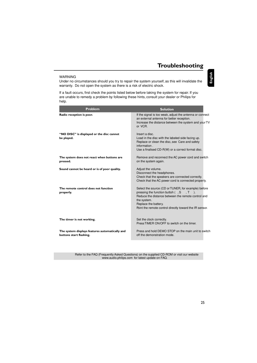 Philips FWM569/37B warranty Troubleshooting, Problem Solution 