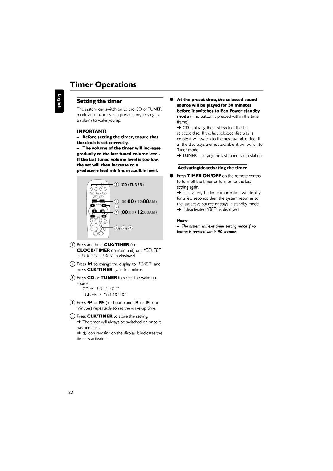 Philips FWM569/37B warranty Timer Operations, Setting the timer, English, Activating/deactivating the timer 