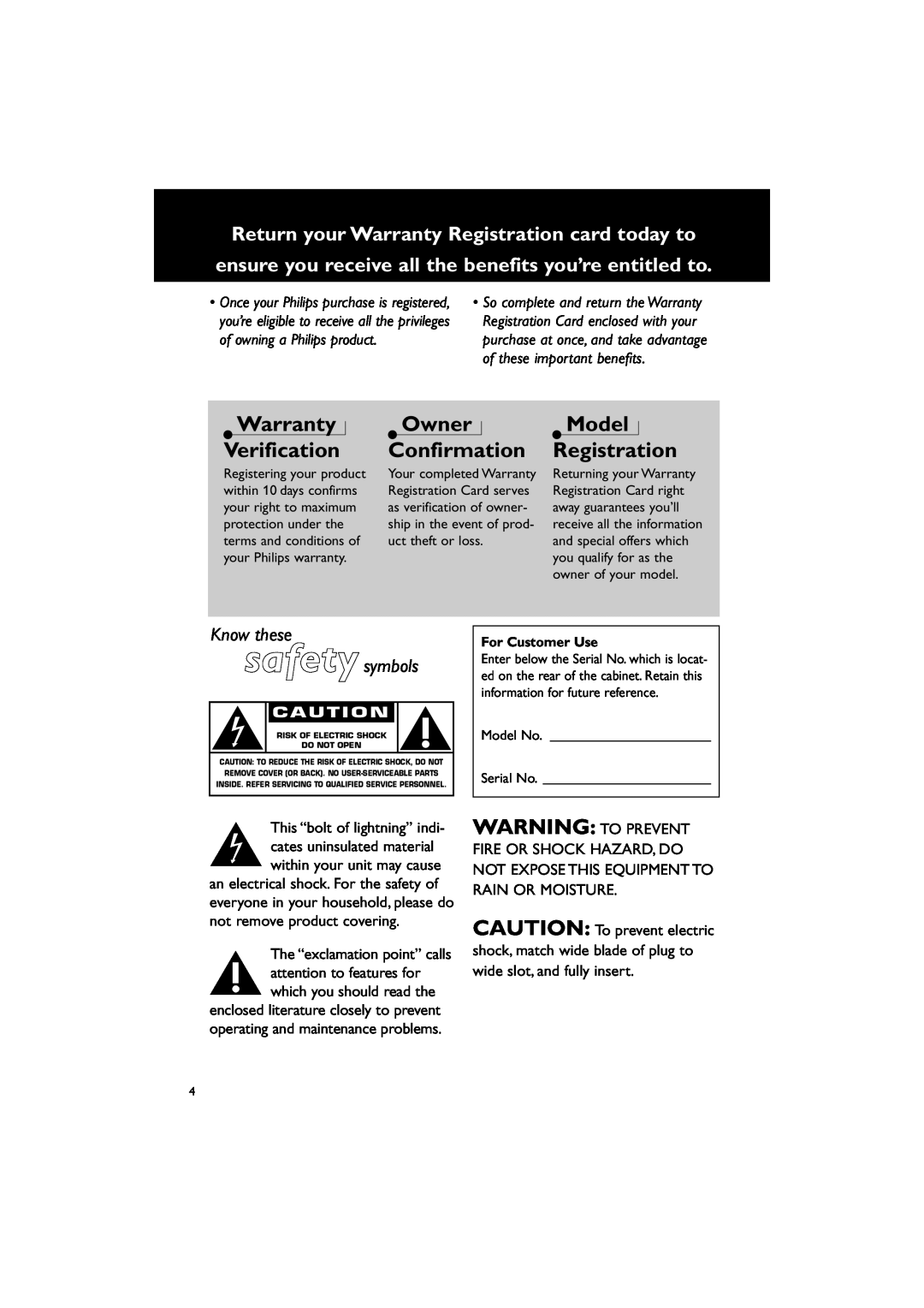 Philips FWM569/37B warranty Owner Confirmation, Model Registration, Warranty Verification, Know these safety symbols 