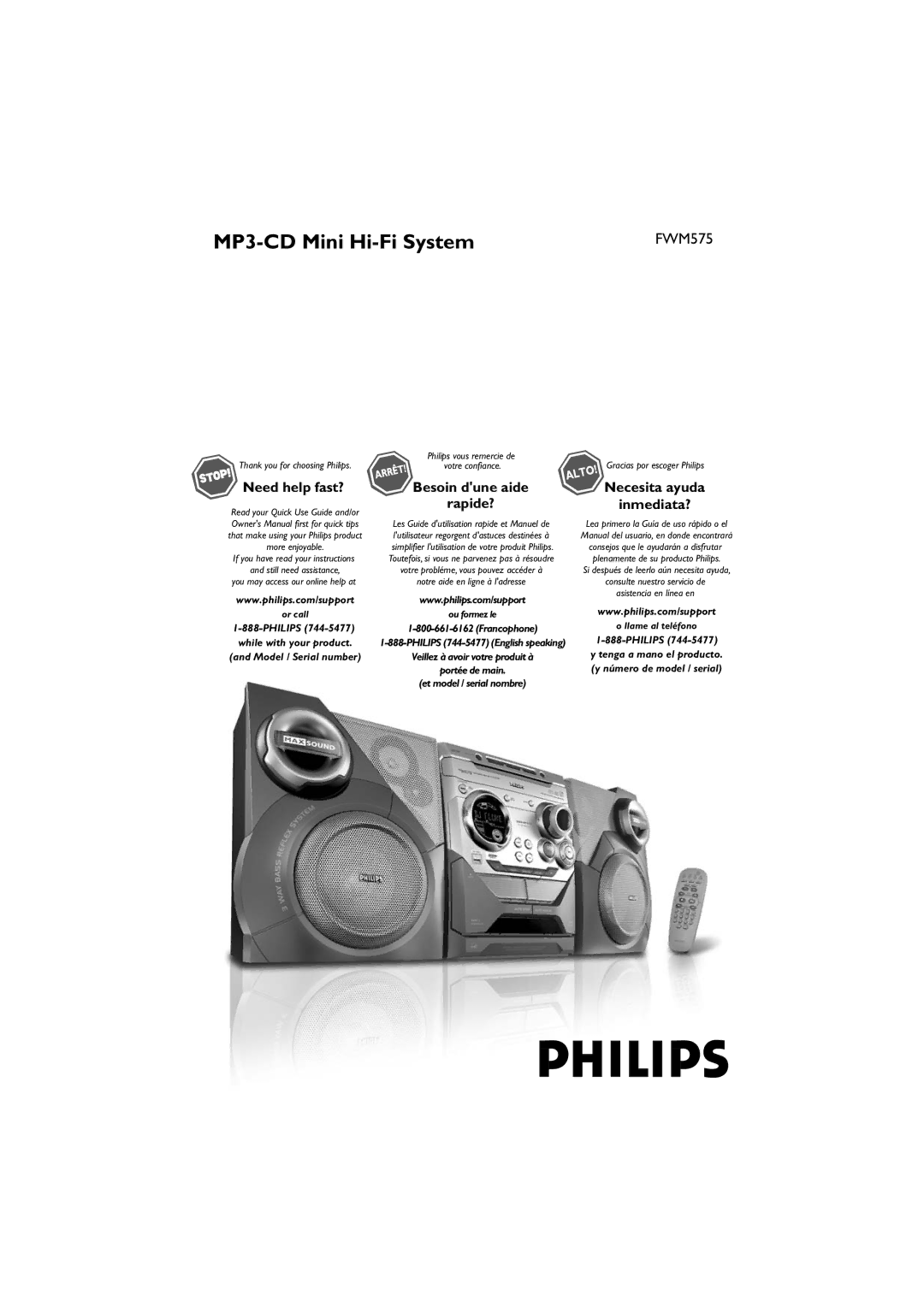 Philips FWM575/37B owner manual MP3-CD Mini Hi-Fi System 