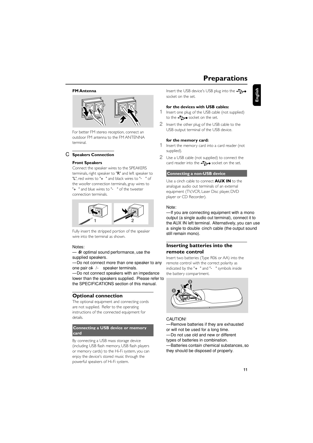 Philips FWM575/37B Optional connection, Inserting batteries into the remote control, Connecting a non-USB device 