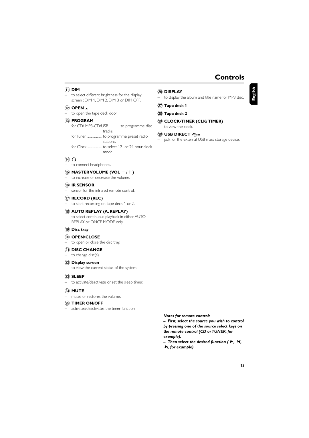 Philips FWM575/37B owner manual Controls, @ Open #, Master Volume VOL -/+ Ð to increase or decrease the volume, Disc tray 