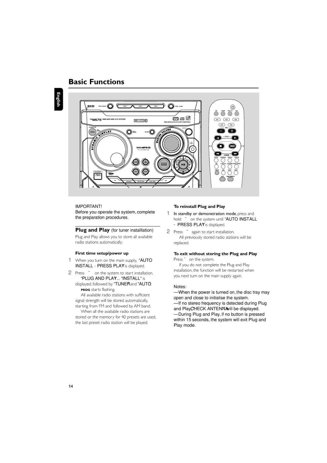 Philips FWM575/37B owner manual Basic Functions, To reinstall Plug and Play, First time setup/power up 