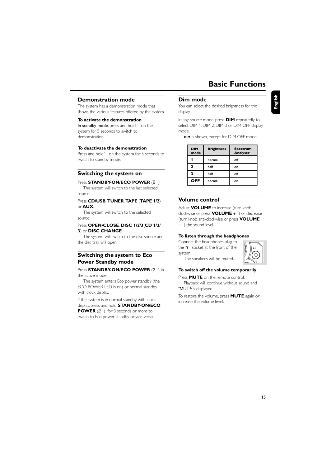 Philips FWM575/37B Demonstration mode Dim mode, Switching the system on, Switching the system to Eco Power Standby mode 