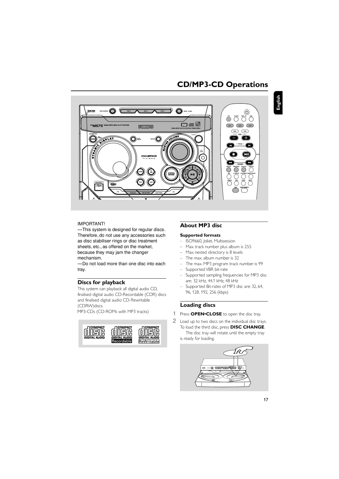 Philips FWM575/37B owner manual CD/MP3-CD Operations, Discs for playback, About MP3 disc, Loading discs, Supported formats 