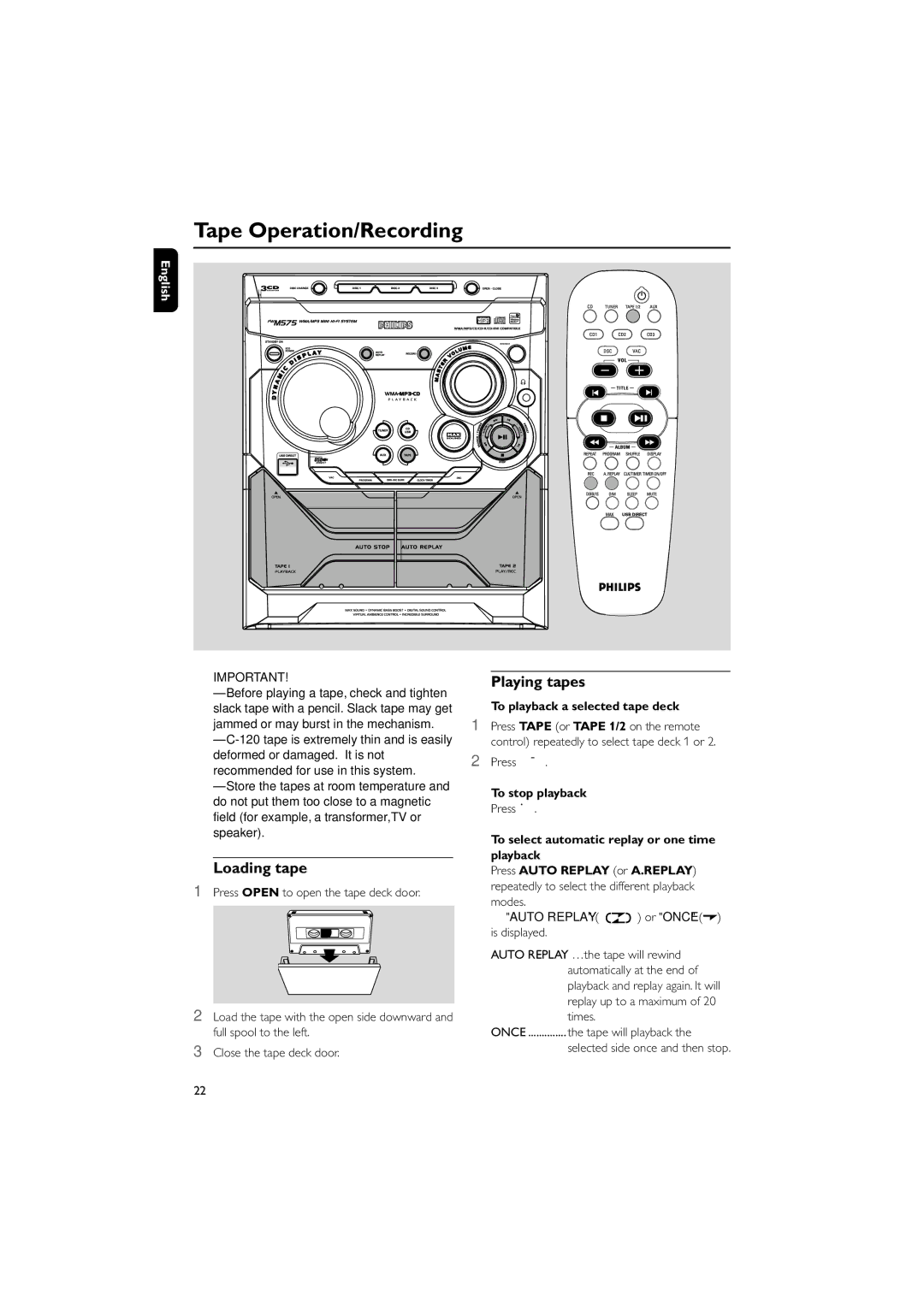 Philips FWM575/37B owner manual Tape Operation/Recording, Loading tape, Playing tapes, To playback a selected tape deck 