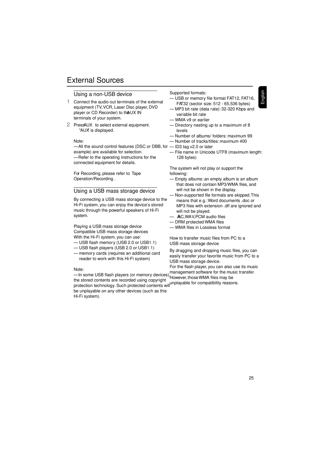 Philips FWM575/37B owner manual External Sources, Using a non-USB device, Using a USB mass storage device 