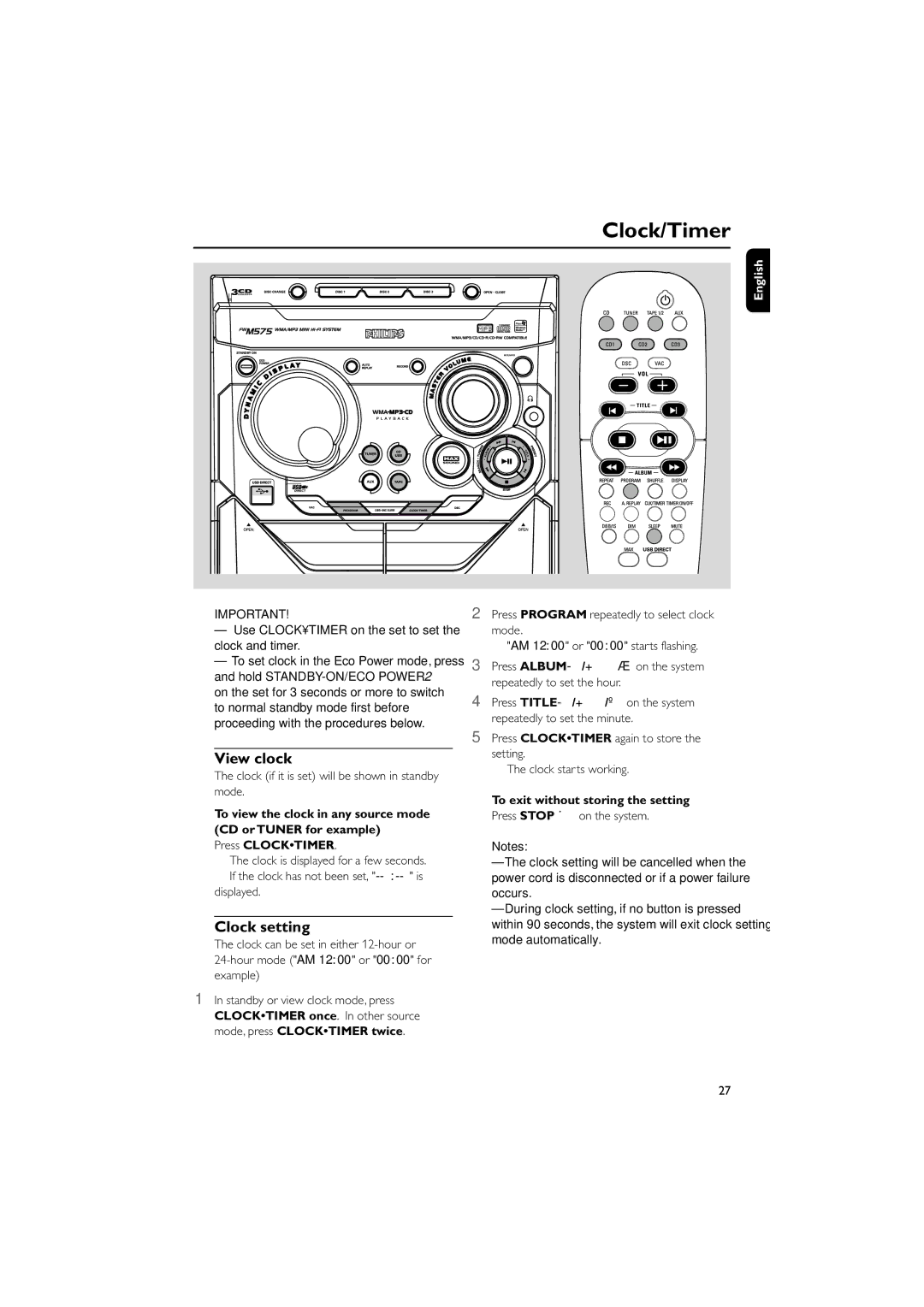 Philips FWM575/37B View clock, Clock setting, Clock if it is set will be shown in standby mode, Press Stop Ç on the system 