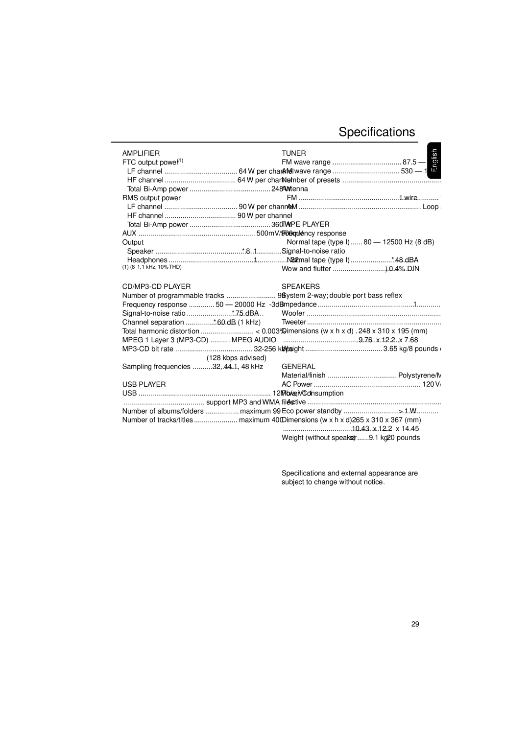 Philips FWM575/37B owner manual Specifications 