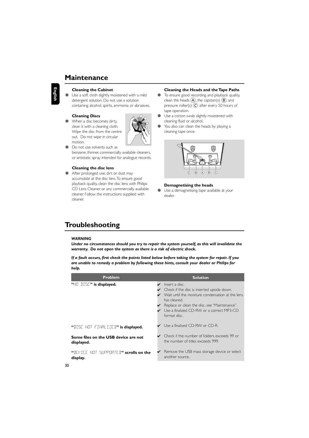 Philips FWM575/37B owner manual Maintenance, Troubleshooting, Problem, Solution 