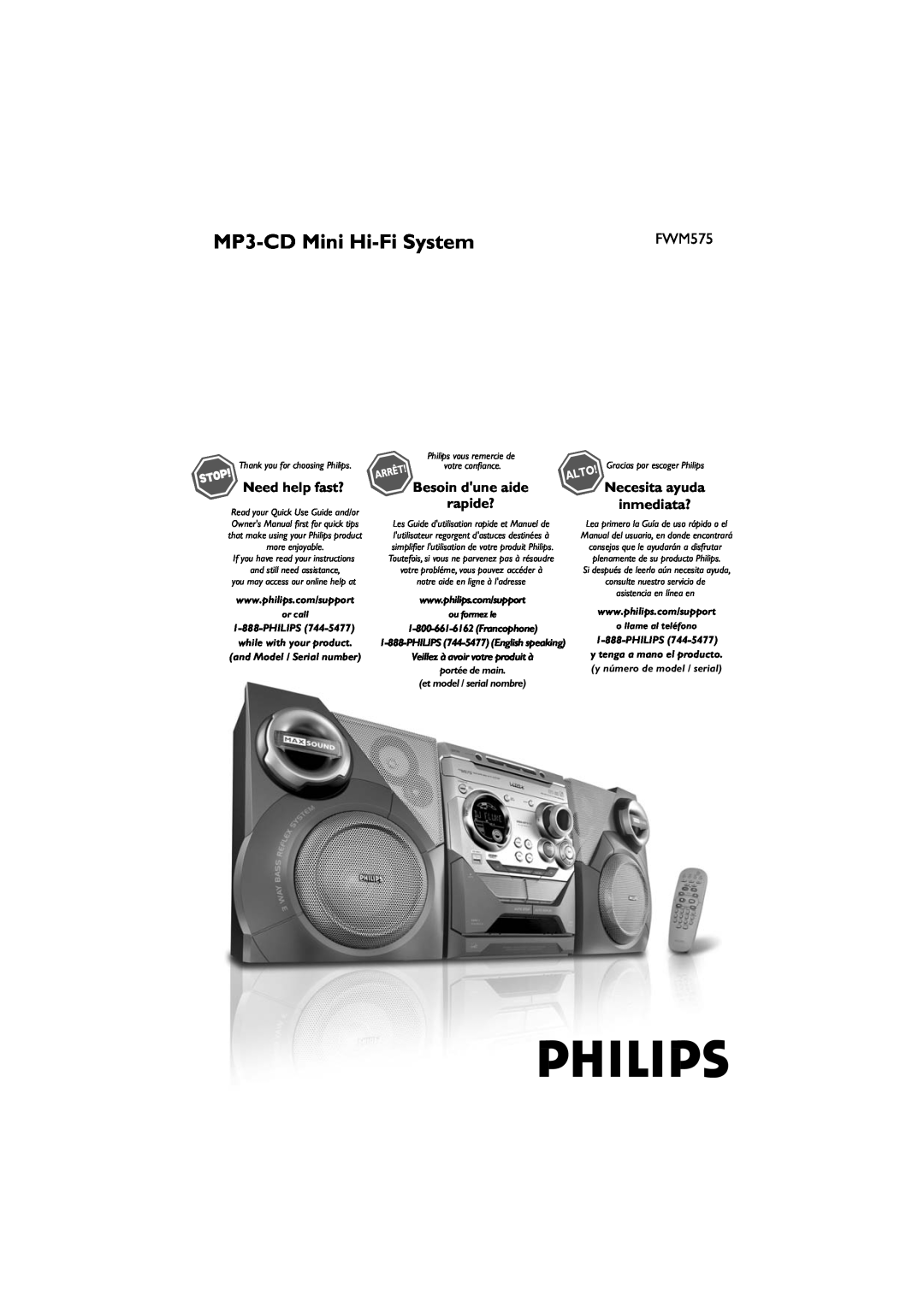 Philips FWM575/37B owner manual MP3-CDMini Hi-FiSystem, Besoin dune aide, Necesita ayuda inmediata?, rapide?, or call 