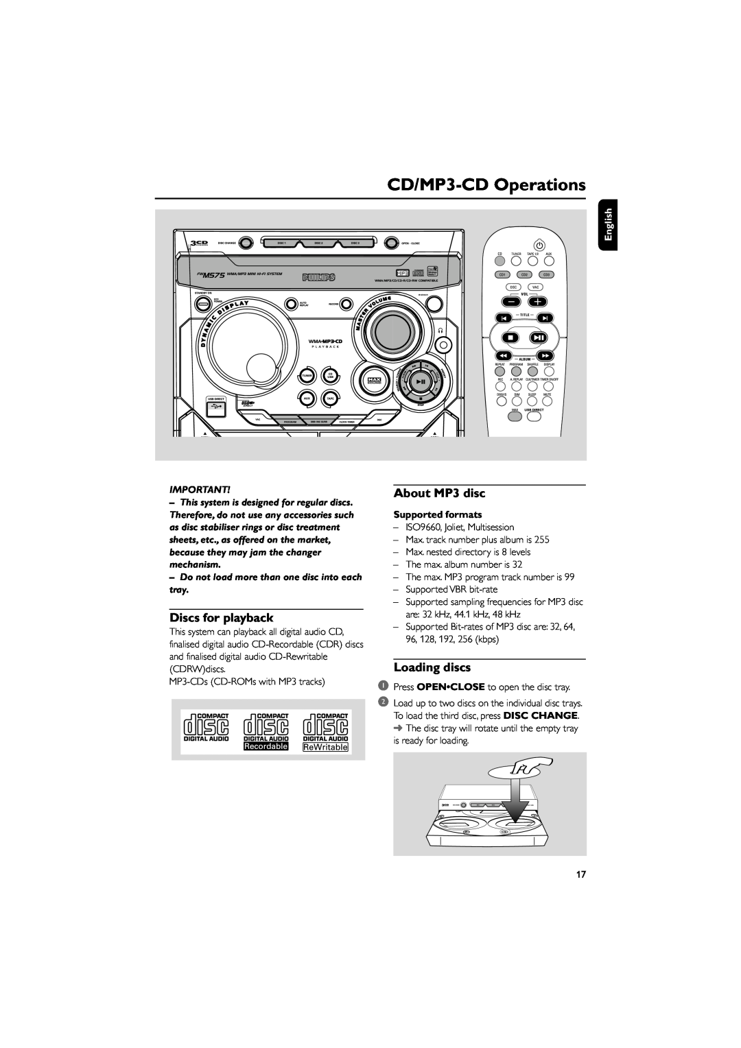 Philips FWM575/37B CD/MP3-CDOperations, Discs for playback, About MP3 disc, Loading discs, English, Supported formats 
