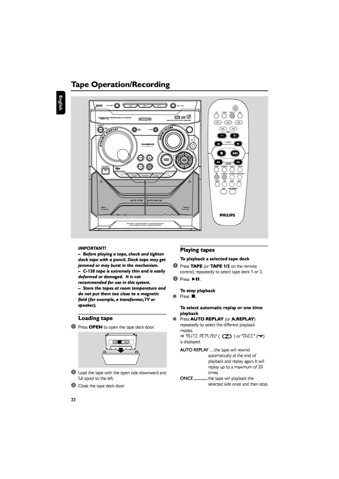 Philips FWM575/37B owner manual Tape Operation/Recording, Loading tape, Playing tapes, To playback a selected tape deck 