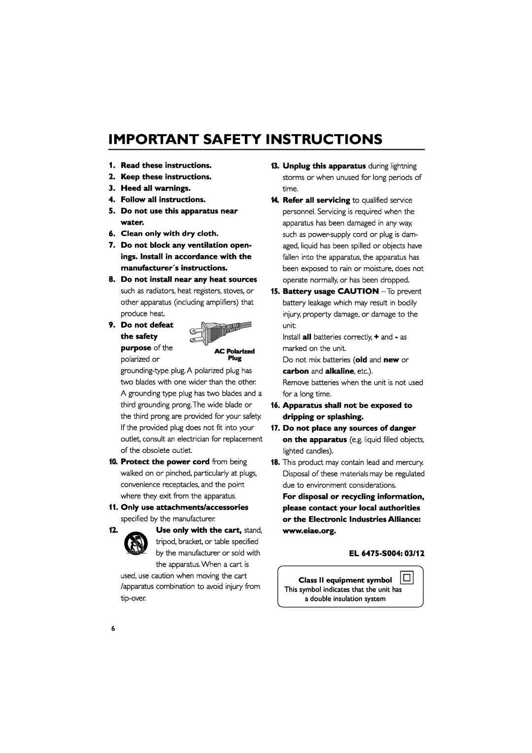Philips FWM575/37B owner manual Important Safety Instructions, Clean only with dry cloth, Class II equipment symbol 