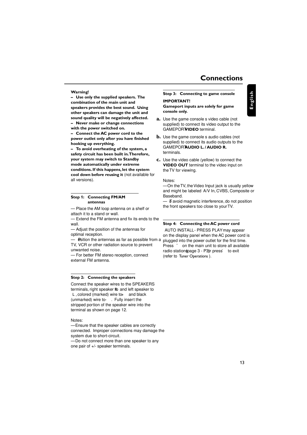 Philips FWM587/37B warranty Connecting FM/AM antennas, Connecting the speakers, GAMEPORT-AUDIO L. / Audio R. terminals 