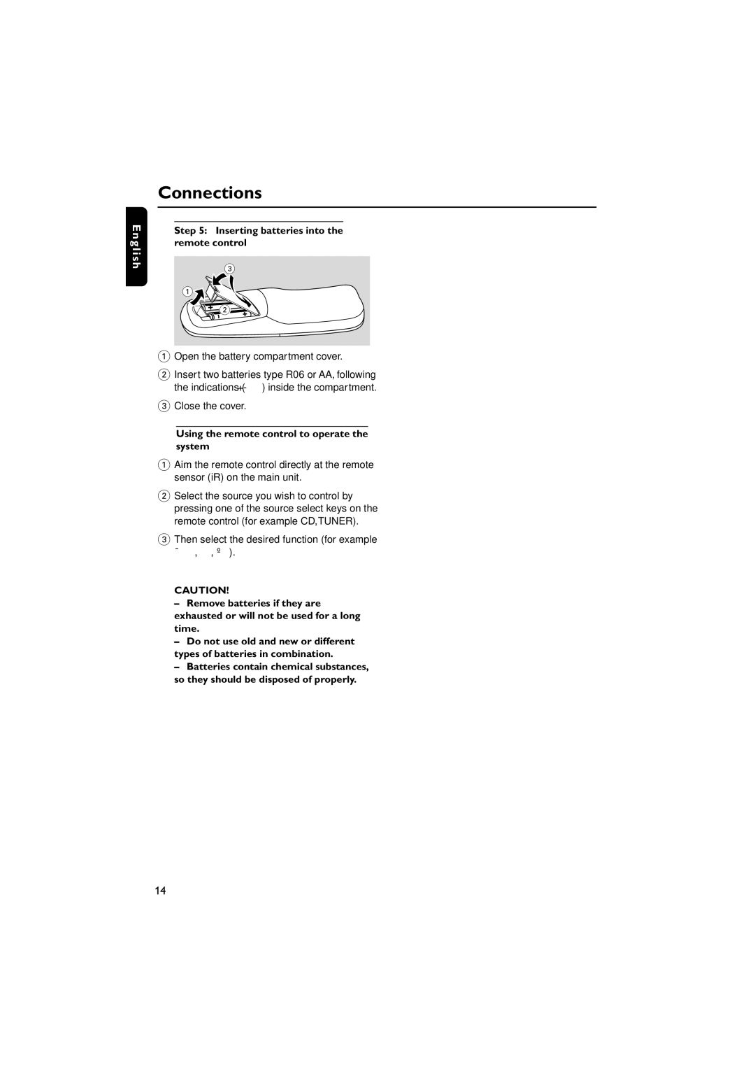 Philips FWM587/37B warranty Inserting batteries into the remote control, Using the remote control to operate the system 