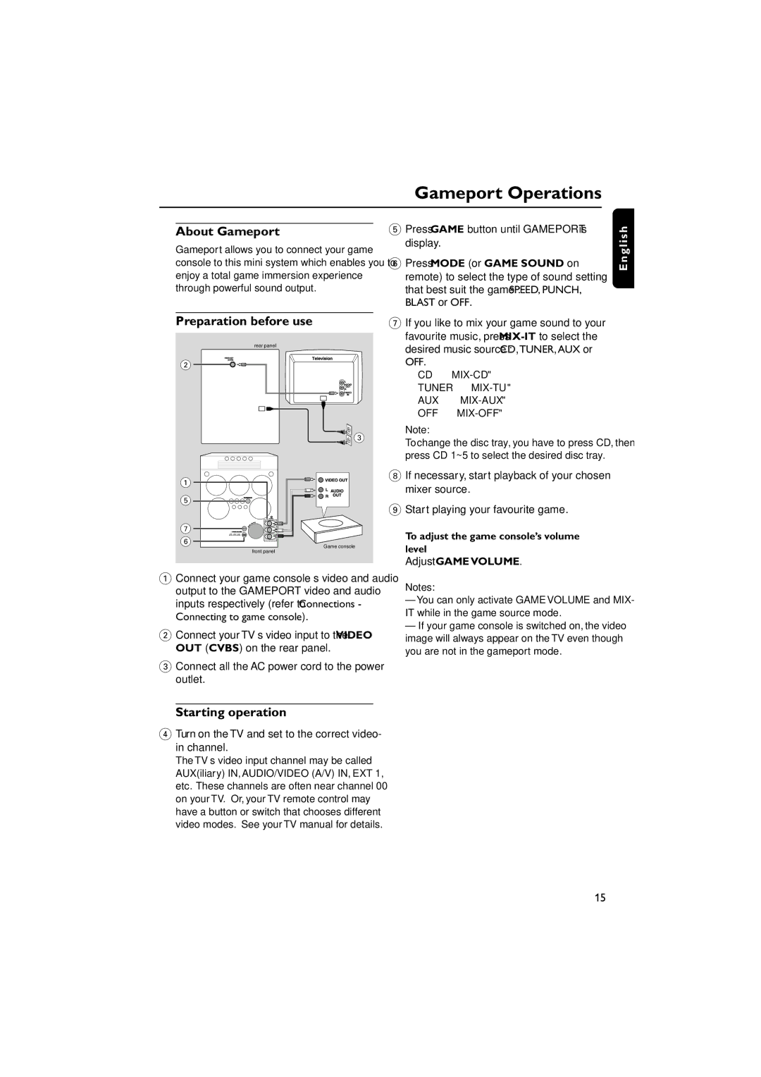 Philips FWM587/37B warranty Gameport Operations, About Gameport, Preparation before use, Starting operation 