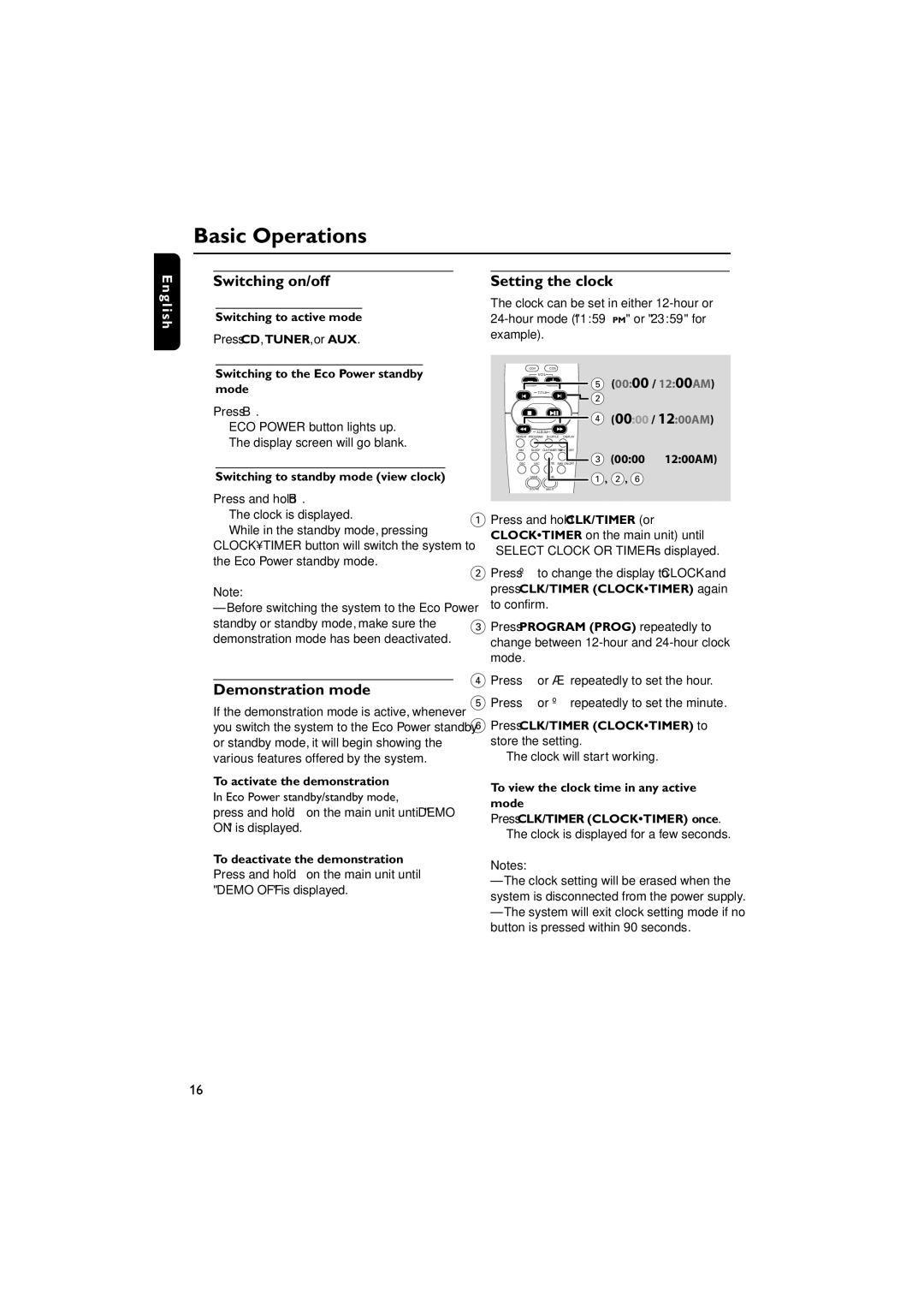 Philips FWM587/37B warranty Basic Operations, Switching on/off, Demonstration mode, Setting the clock 