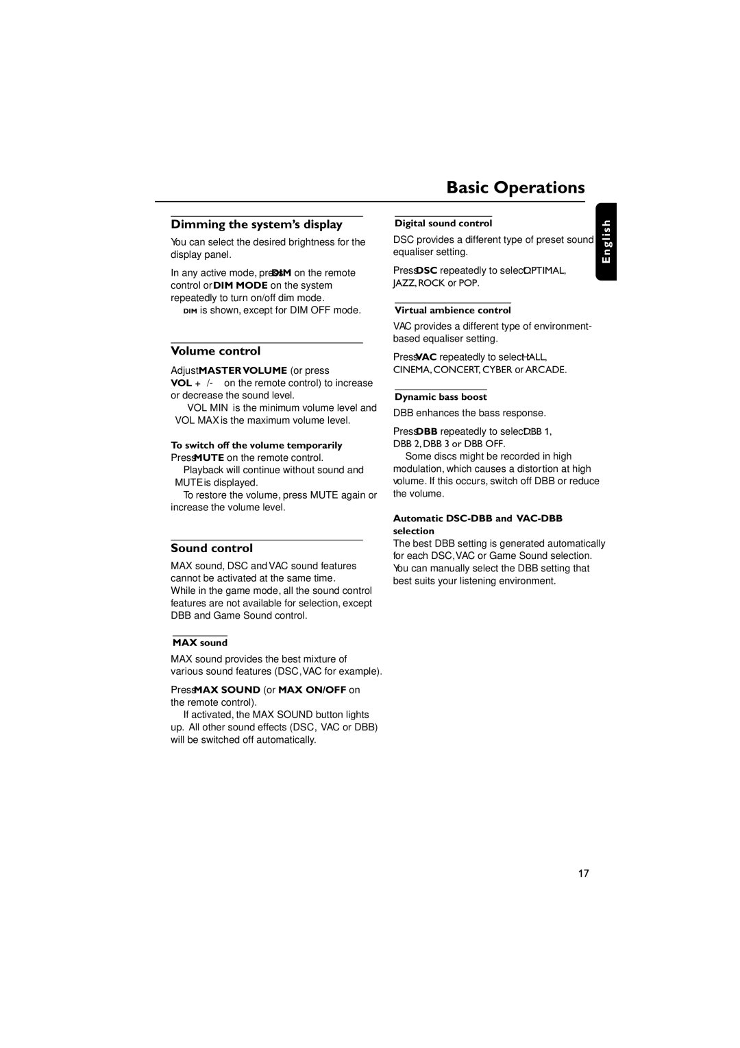 Philips FWM587/37B warranty Dimming the system’s display, Volume control, Sound control 