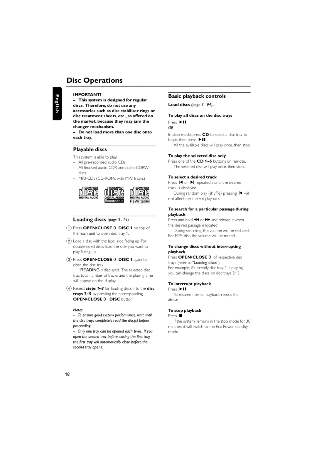 Philips FWM587/37B warranty Disc Operations, Playable discs, Loading discs page 3 P4, Basic playback controls 