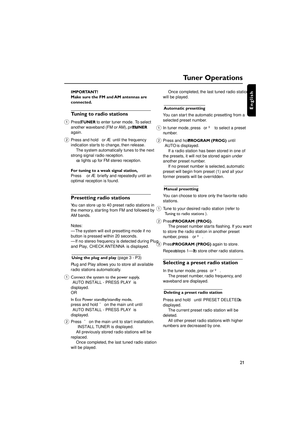 Philips FWM587/37B Tuner Operations, Tuning to radio stations, Presetting radio stations, Selecting a preset radio station 