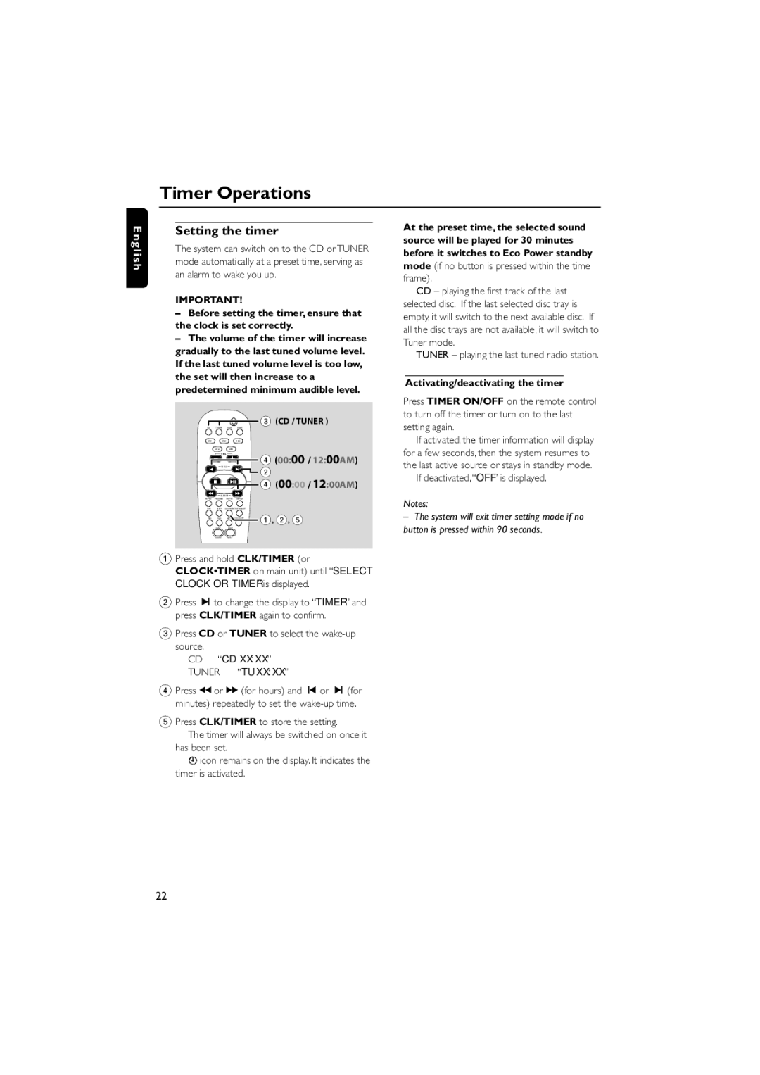 Philips FWM587/37B warranty Timer Operations, Setting the timer, Activating/deactivating the timer 