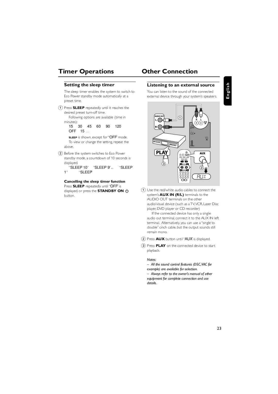 Philips FWM587/37B warranty Timer Operations Other Connection, Setting the sleep timer, Listening to an external source 