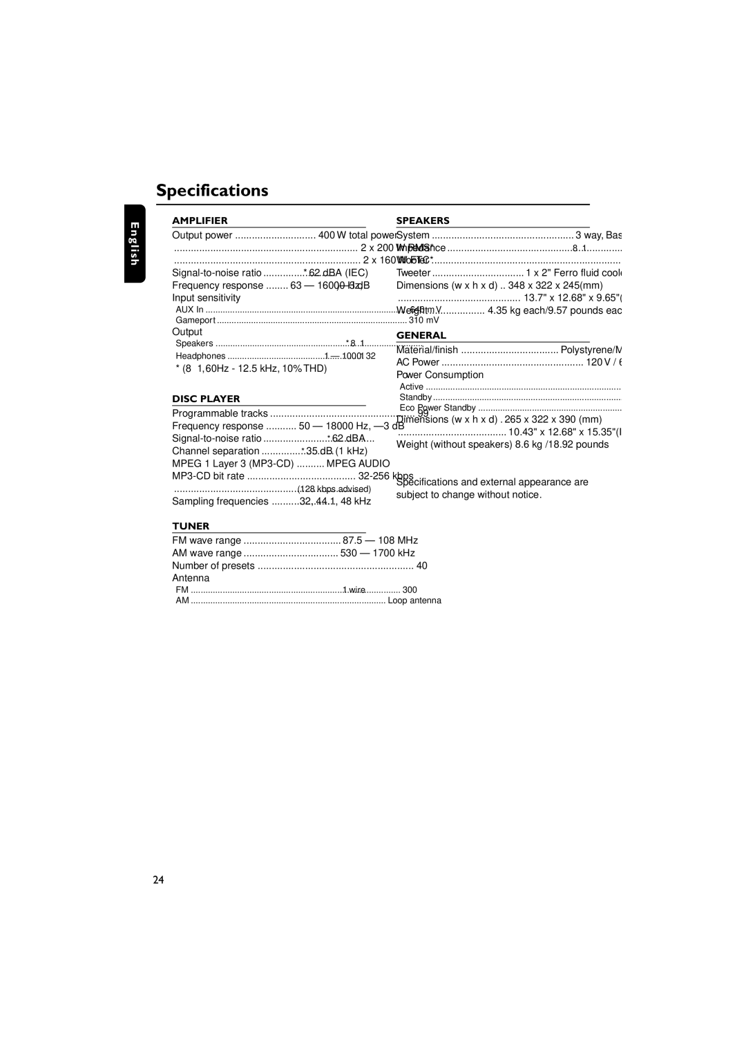 Philips FWM587/37B warranty Specifications, Amplifier 