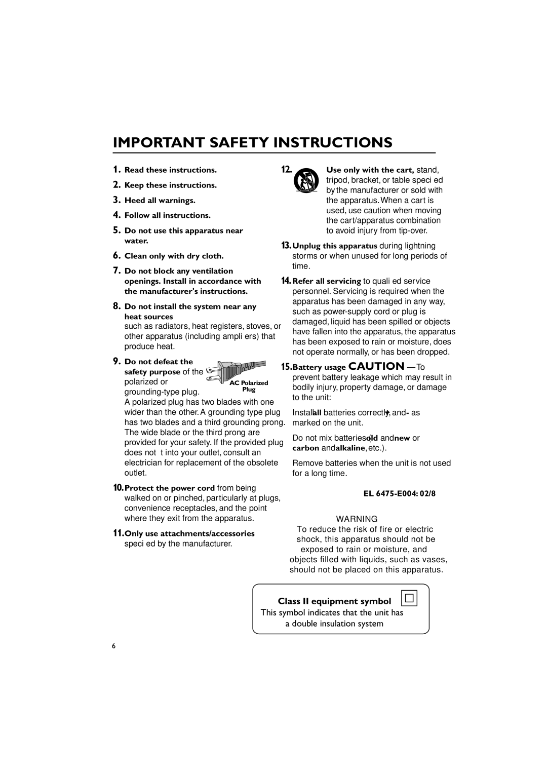 Philips FWM587/37B warranty Important Safety Instructions, Class II equipment symbol 