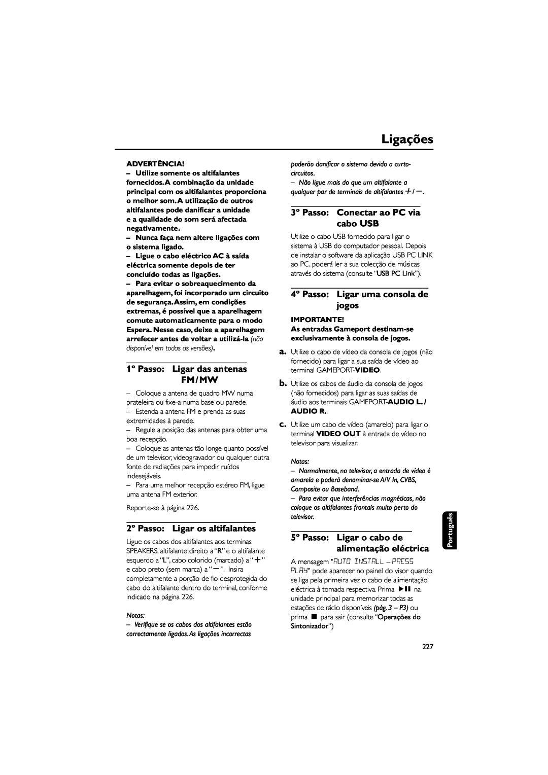 Philips FWM589 manual Ligações, 5º Passo Ligar o cabo de alimentação eléctrica, Advertência, Importante, Notas 