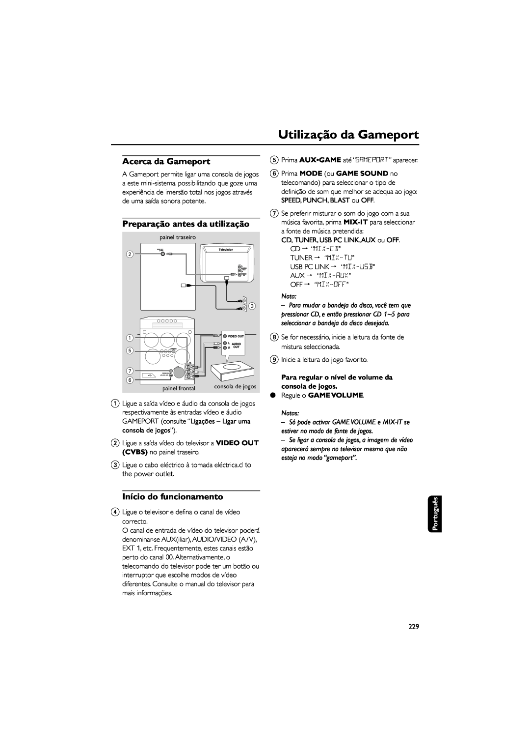 Philips FWM589 manual Utilização da Gameport, Regule o GAME VOLUME, Notas, Português 