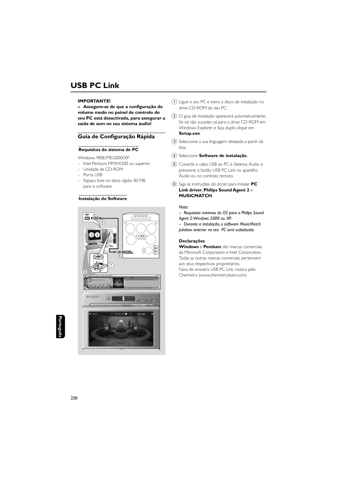 Philips FWM589 USB PC Link, Importante, Requisitos do sistema de PC, Instalação do Software, Português, Musicmatch, Nota 
