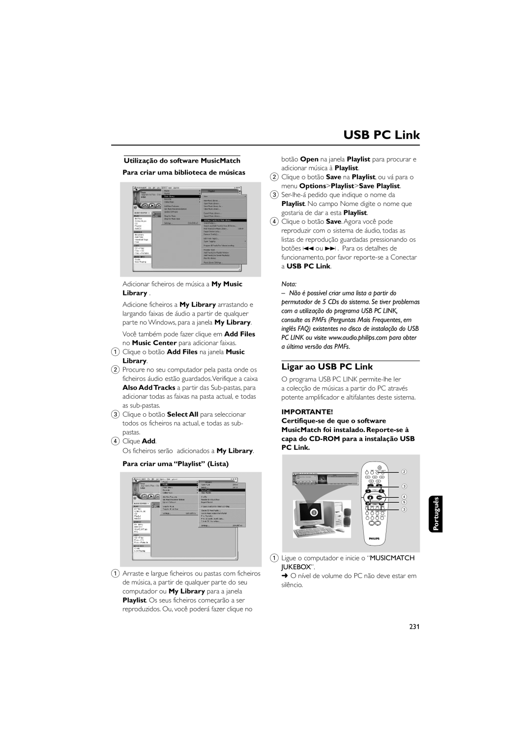 Philips FWM589 manual USB PC Link, menu Options Playlist Save Playlist, Para criar uma “Playlist” Lista, Nota, Importante 