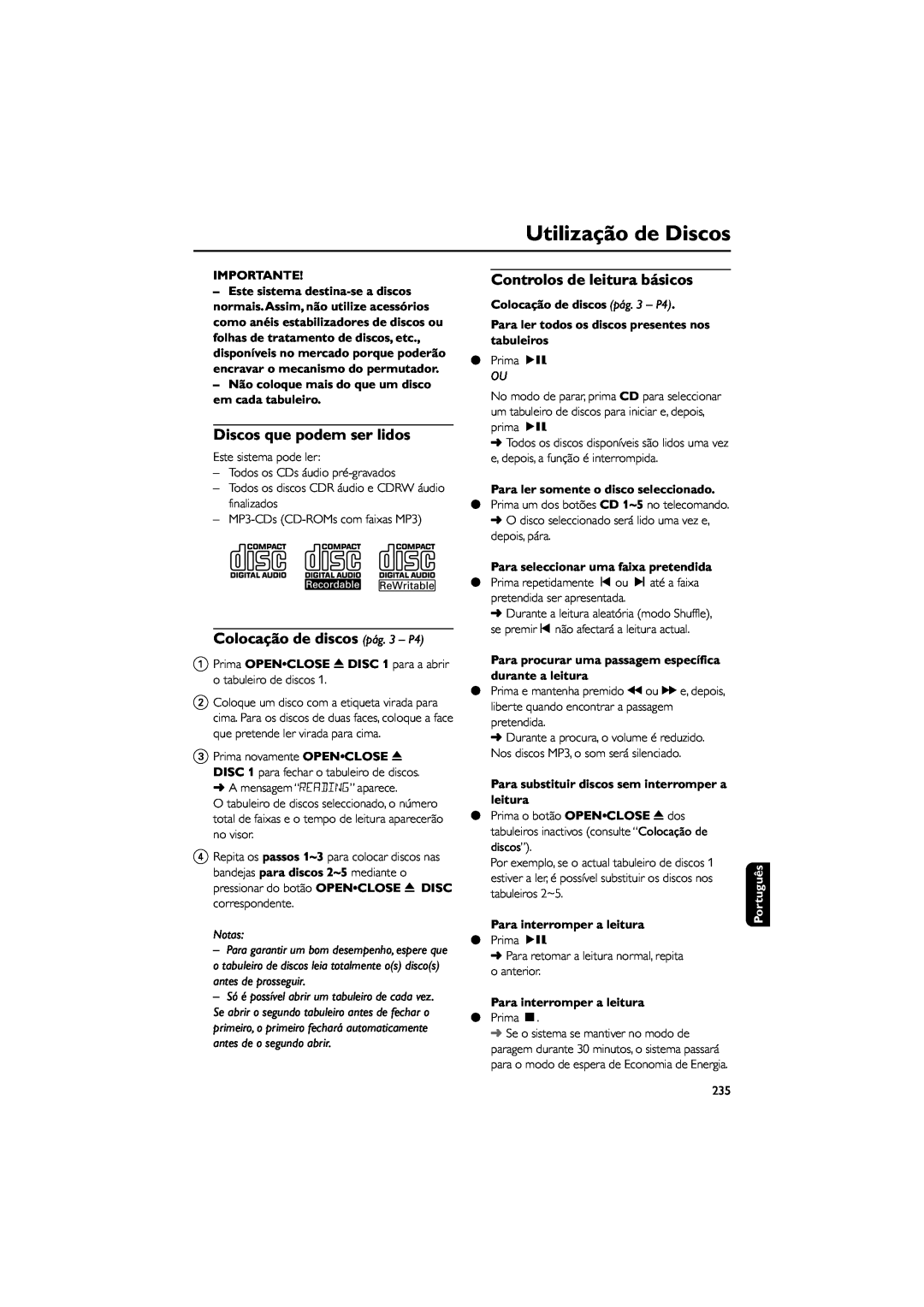 Philips FWM589 manual Utilização de Discos, Importante, Notas, Colocação de discos pág. 3 - P4, Para interromper a leitura 