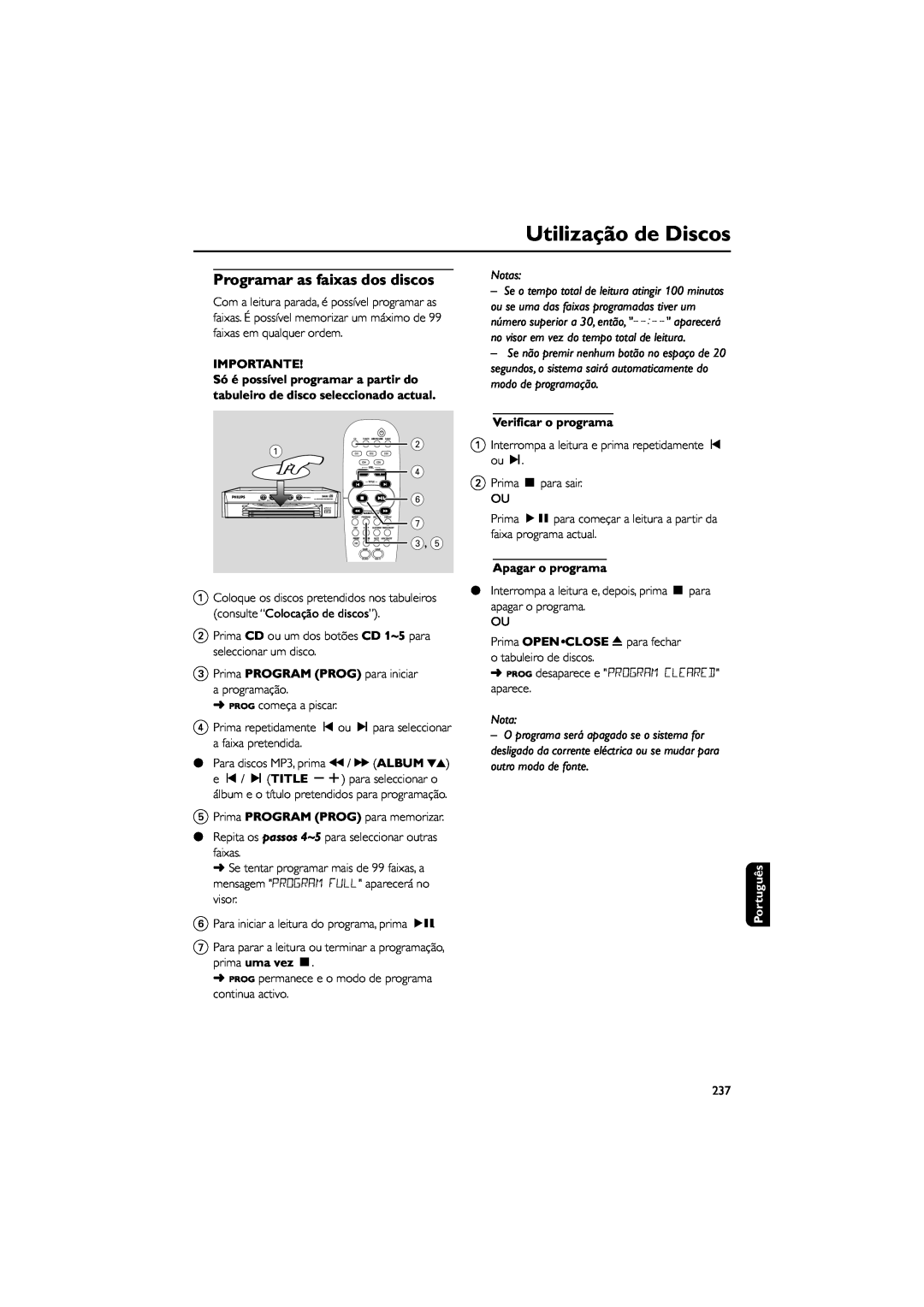 Philips FWM589 manual Utilização de Discos, Importante, Notas, Verificar o programa, Apagar o programa, Português 