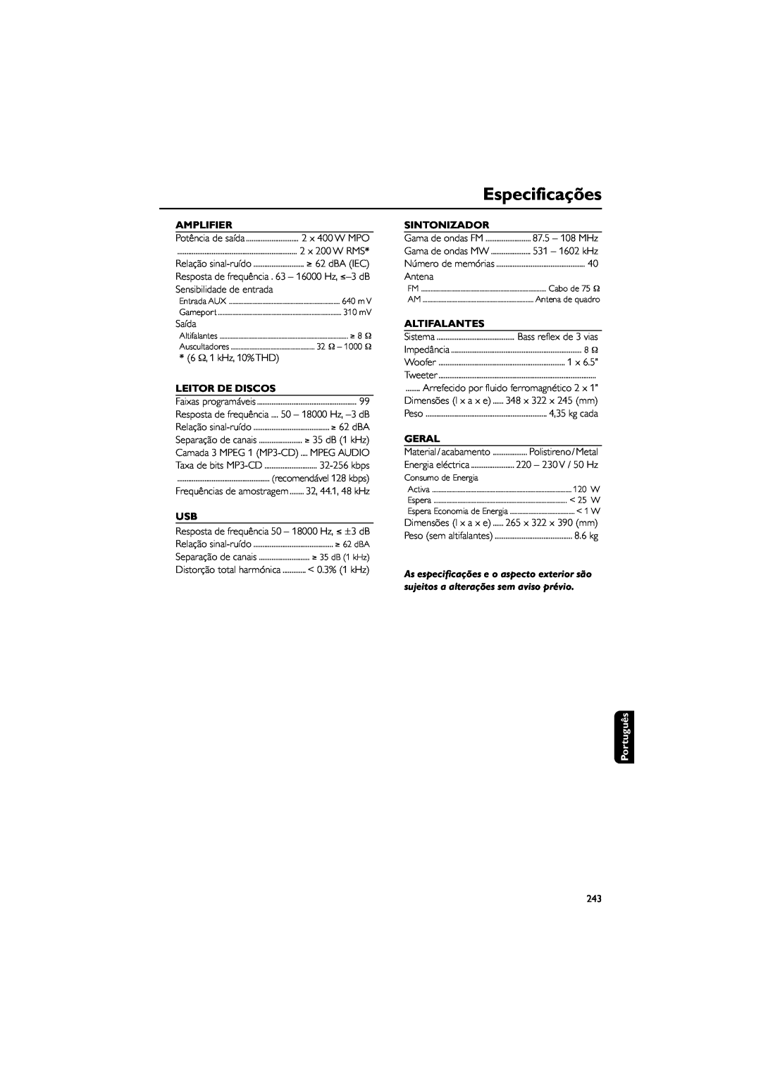 Philips FWM589 manual Especificações, Amplifier, Leitor De Discos, Sintonizador, Altifalantes, Geral, Português 