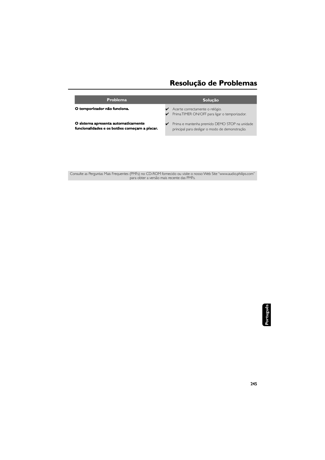 Philips FWM589 manual Resolução de Problemas, Solução, Português, O temporizador não funciona 