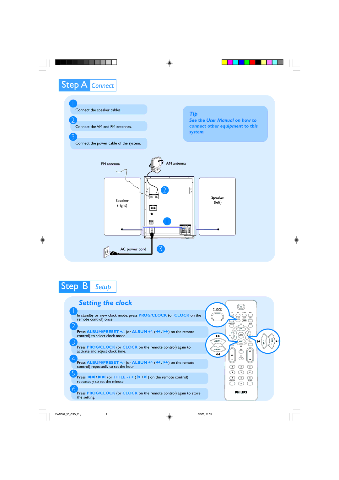 Philips FWM592 quick start Setting the clock 