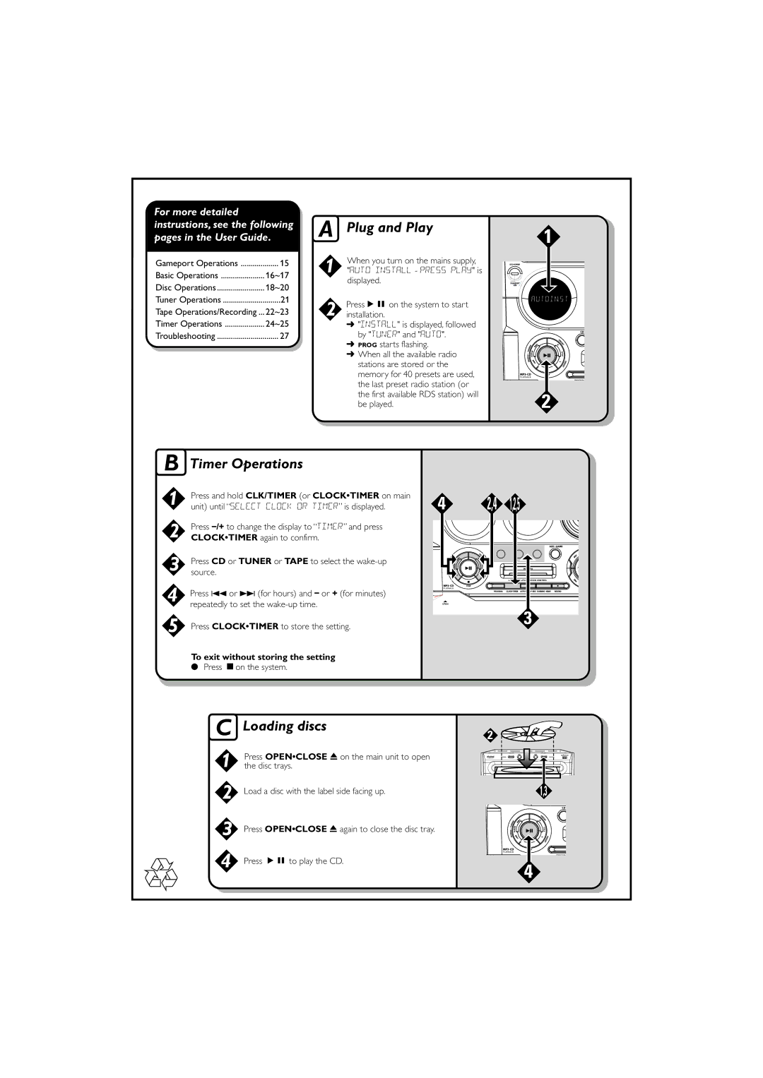 Philips FWM70/07B manual Plug and Play, Timer Operations, Loading discs, For more detailed 