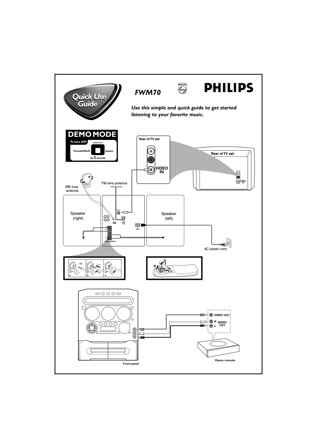Philips FWM70/07B manual Demo Mode, Game console, Out Out, Front panel, Demo Stop 
