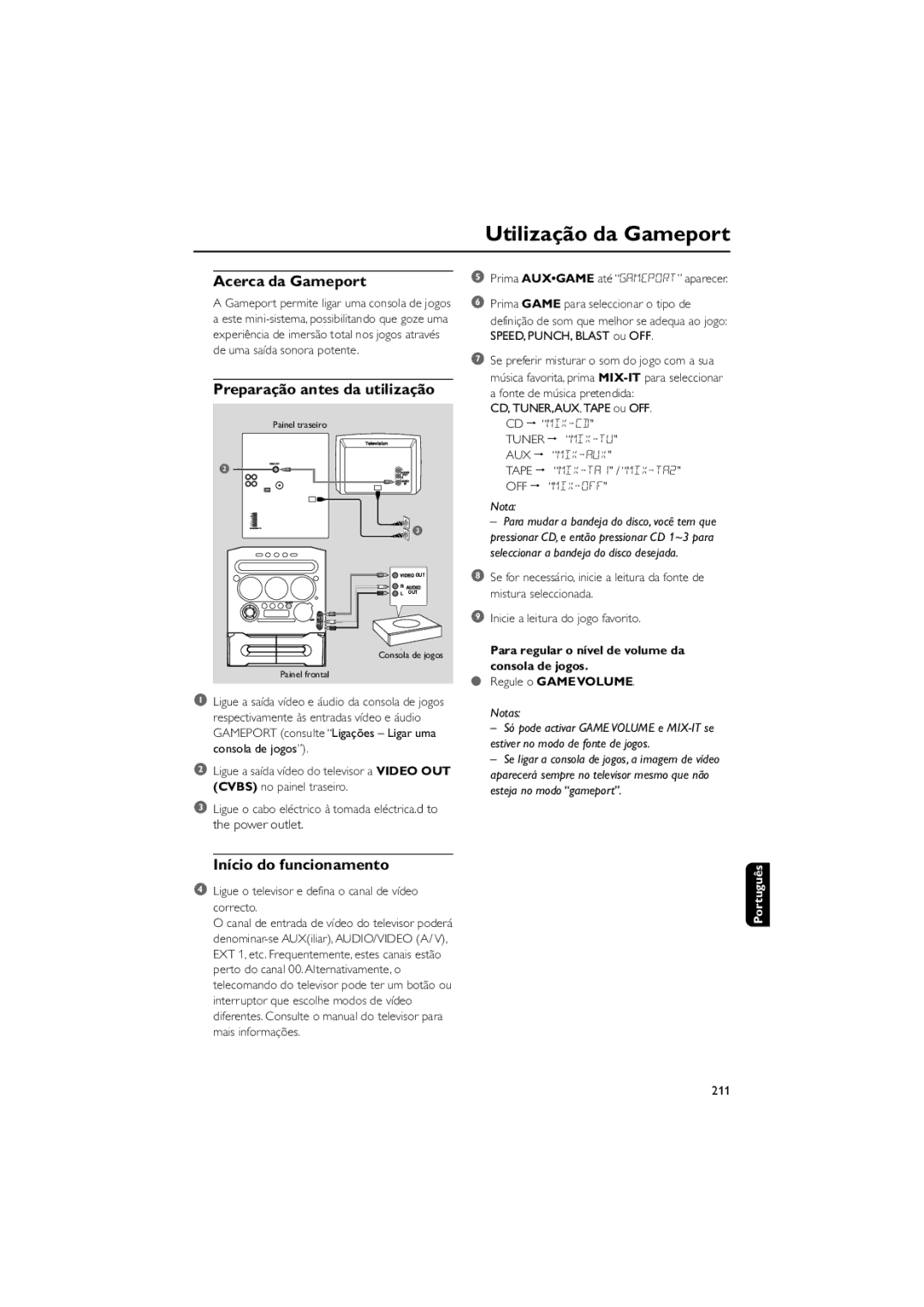 Philips FWM730 user manual Acerca da Gameport, Preparação antes da utilização, Início do funcionamento 